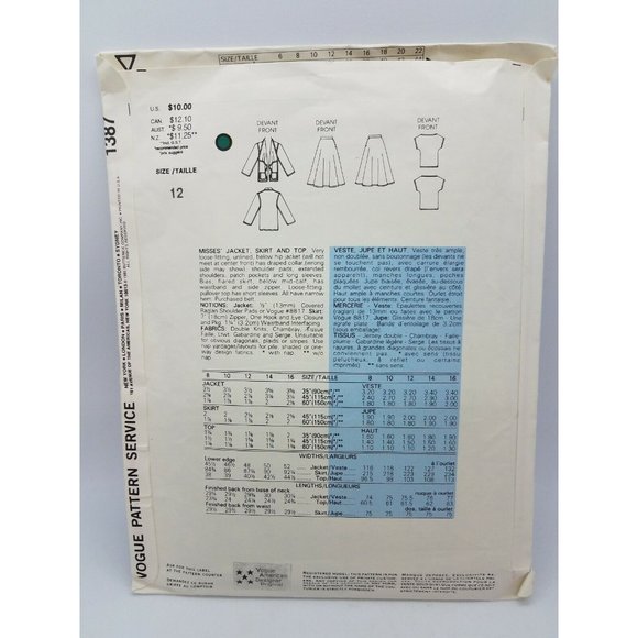 Vintage Vogue 1387 Pattern John Anthony Designer Size 12 Jacket Skirt Top CUT - Picture 3 of 3